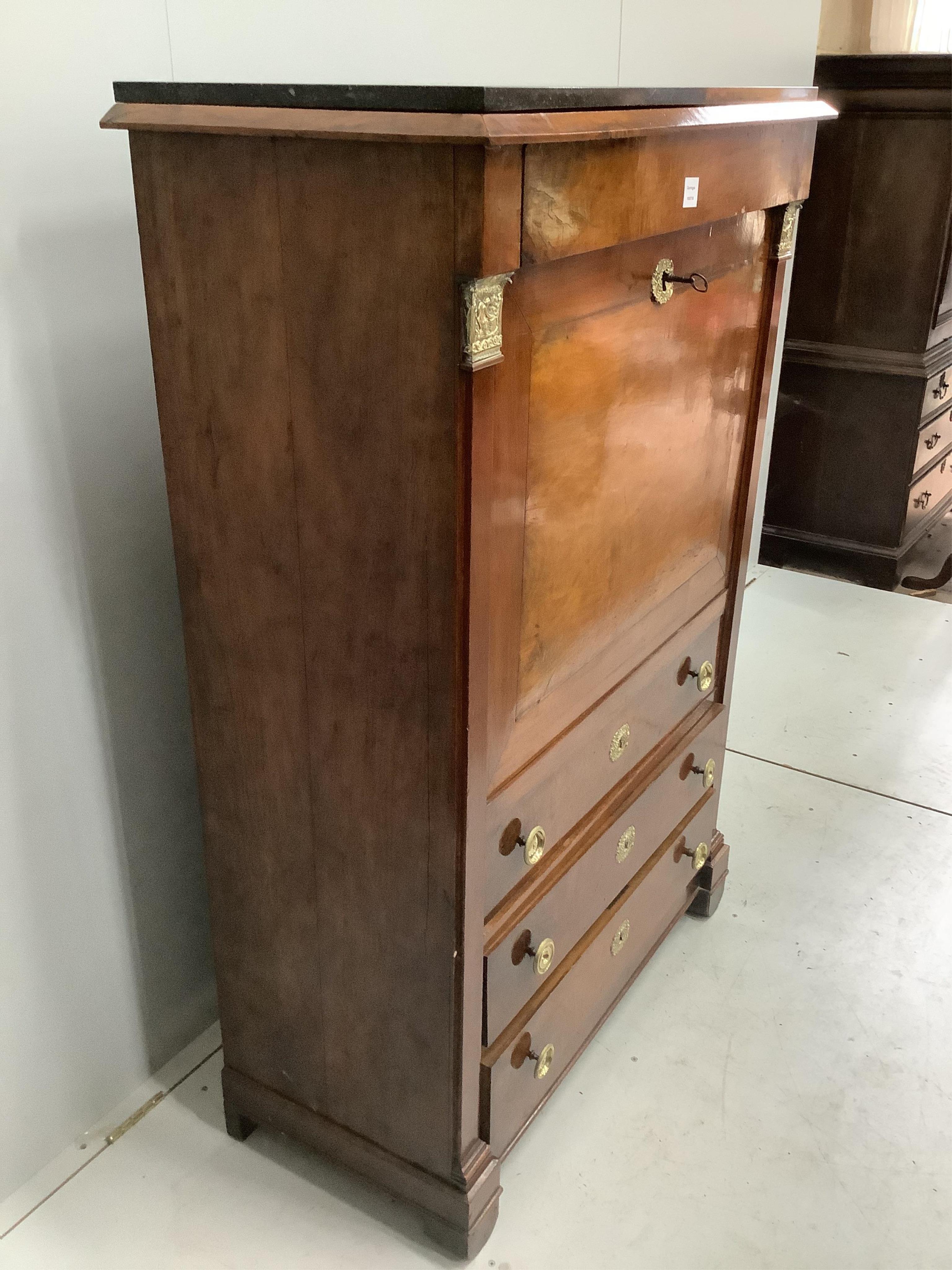 An Empire mahogany secretaire à abbatant, with later marble top, width 97cm, depth 45cm, height 144cm. Condition - fair to good